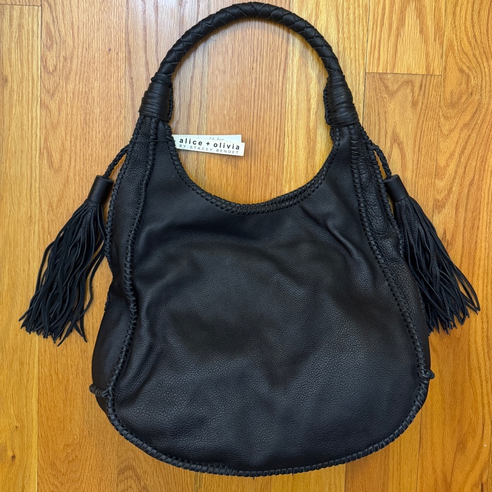 Alice + Olivia Black Leather Hobo Bag with Tassels